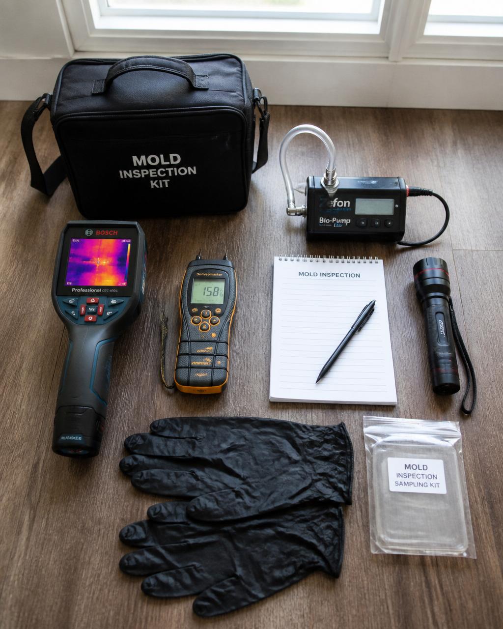 Professional mold inspection tools laid out — thermal camera, moisture meter, air pump and sample cassettes