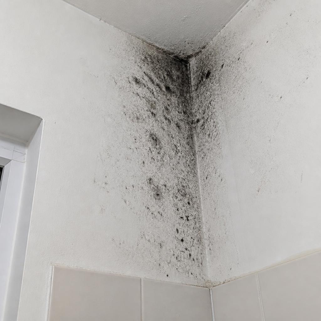 Close-up of active mold colony on drywall showing pigmentation from Aspergillus and Penicillium species
