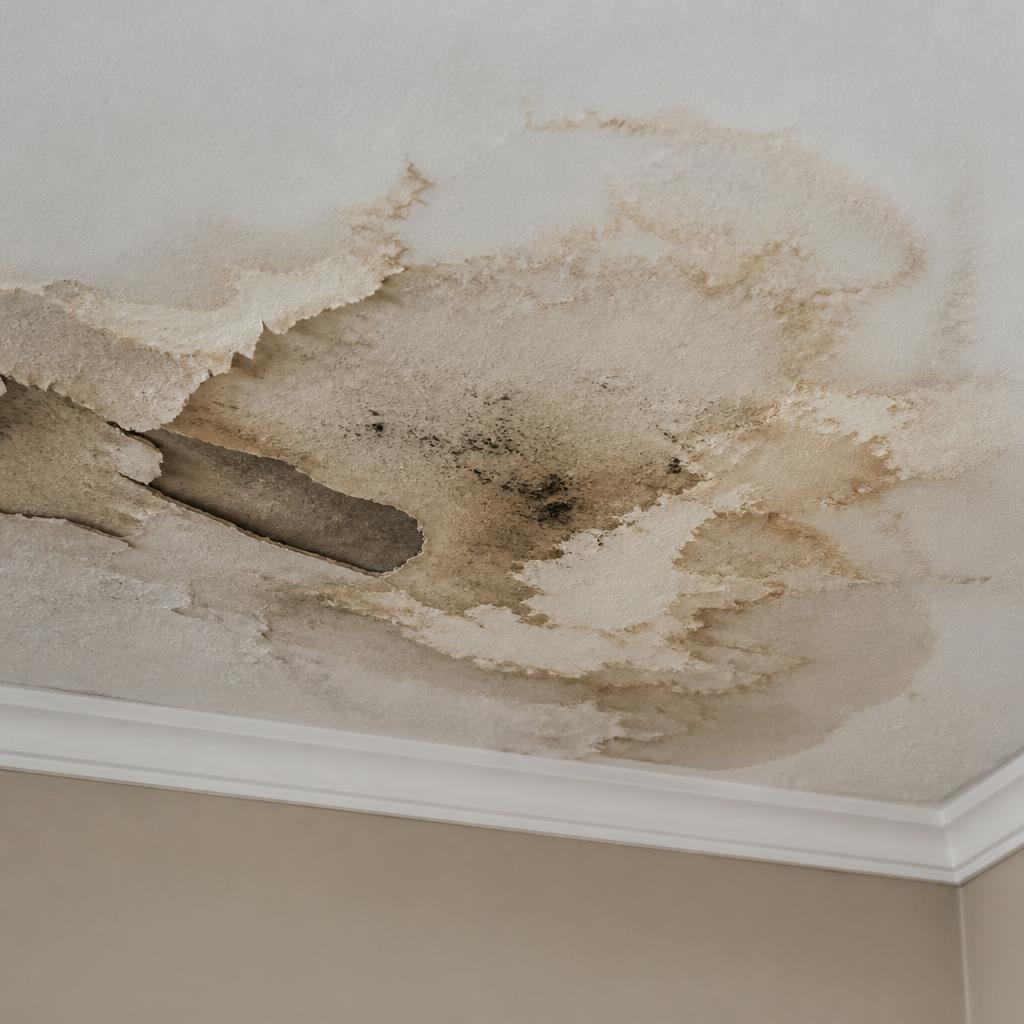 Storm-damaged Florida home interior with water intrusion at baseboard and drywall